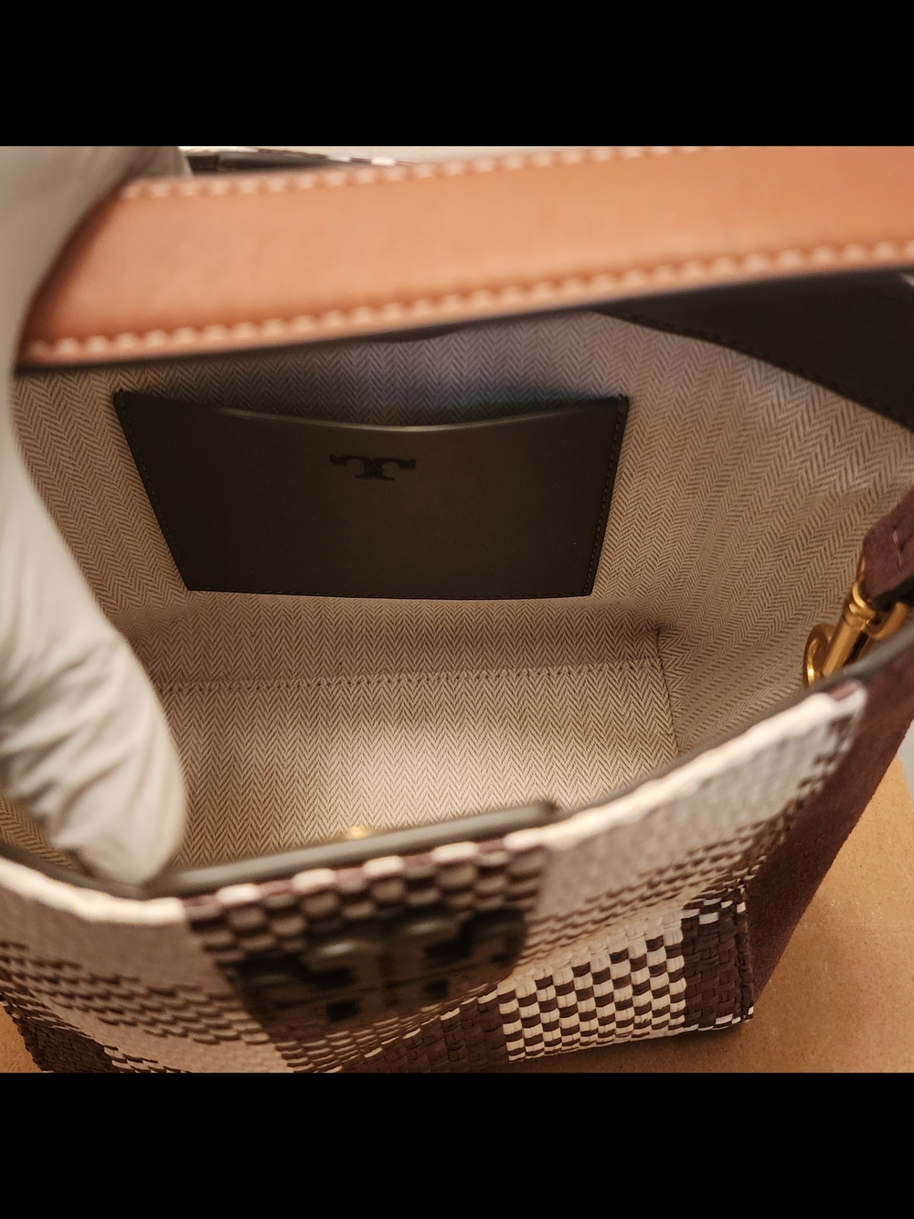 Tory Burch Brown & Cream Check Woven Suede Top-Handle Bag - Picture 3 of 3